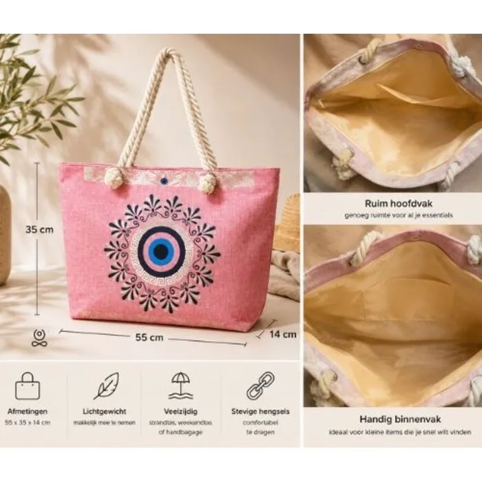 Strandtas & Weekendtas Boze Oog Roze 55 cm