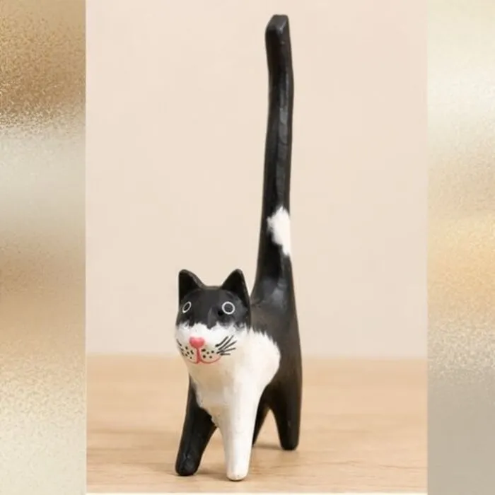 Houten ringhouder kat zwart-wit 18 cm