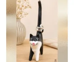 Houten ringhouder kat zwart-wit handbeschilderd