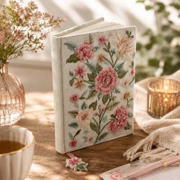 Notitieboek fluweel mintgroen met bloemen