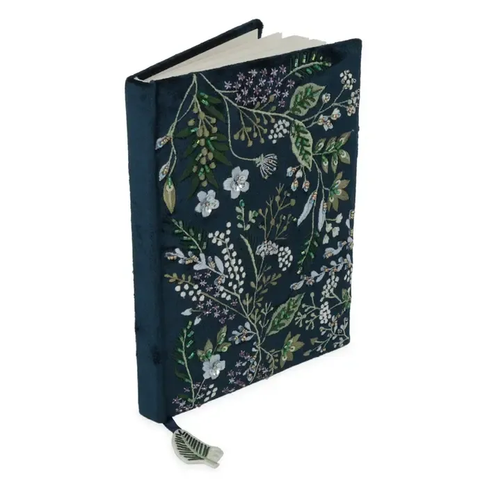 Notitieboek fluweel donkerblauw met bloemen