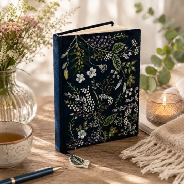 Notitieboek fluweel donkerblauw met bloemen