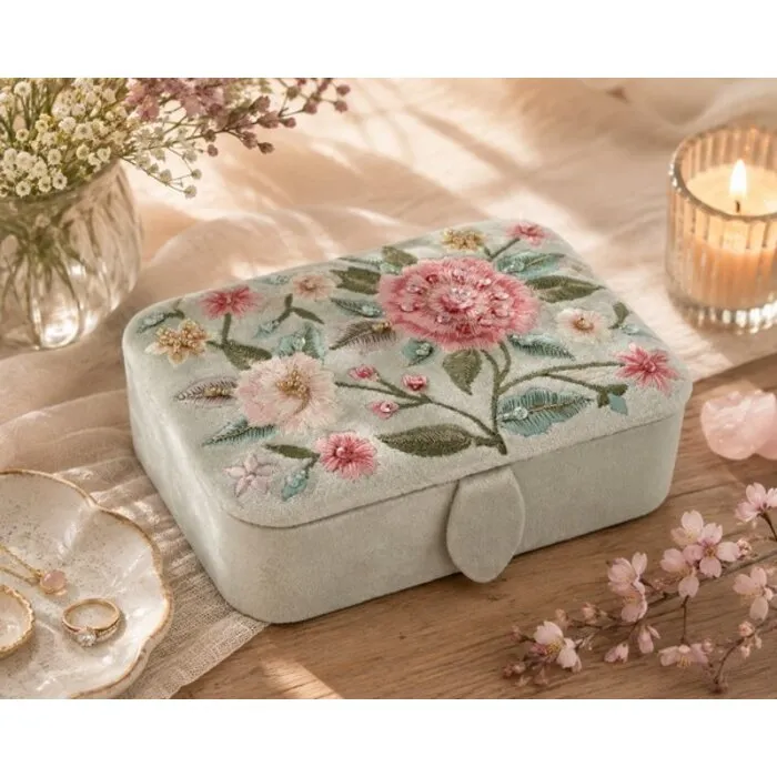Sieraden / tarotdoos fluweel mintgroen met bloemen