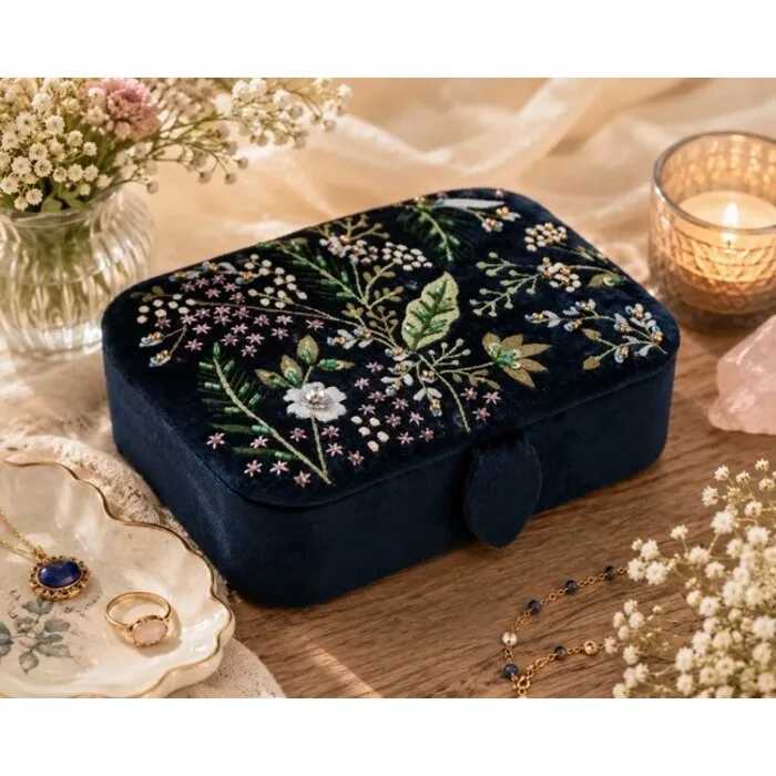 Sieraden / tarotdoos fluweel donkerblauw met bloemen