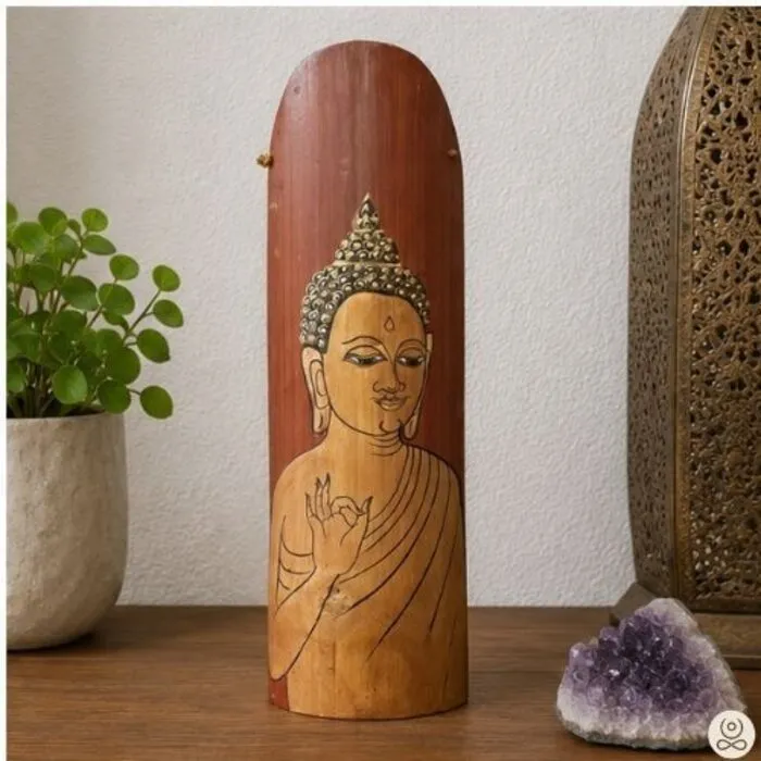 Houten Boeddha wanddecoratie handbeschilderd 18 cm