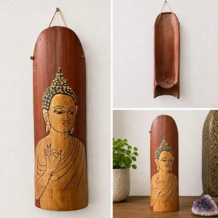 Houten Boeddha wanddecoratie handbeschilderd 18 cm