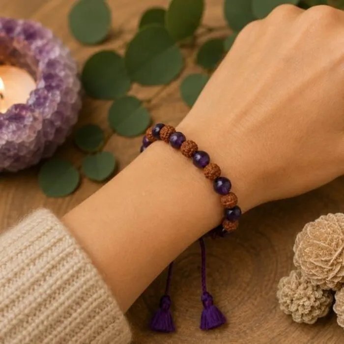 Armband Rudraksha en Amethist met aantrekkoord | 8 mm