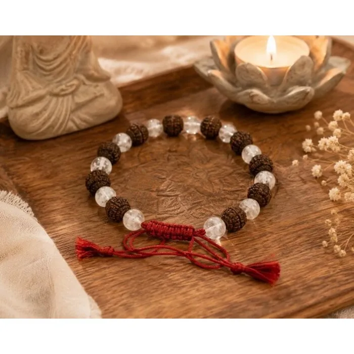 Mala armband rudraksha met bergkristal