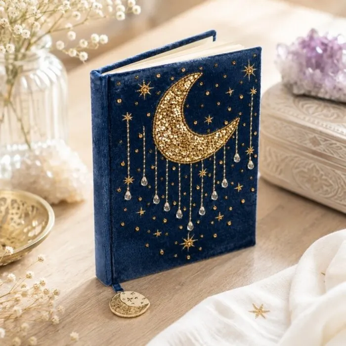 Notitieboek fluweel blauw met maan