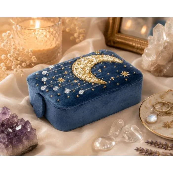 Sieraden / tarotdoos fluweel blauw met maan