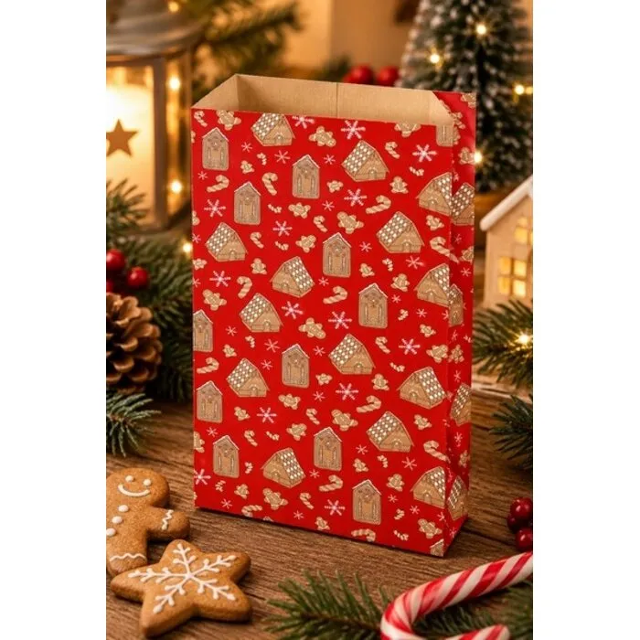 Kerstzakje Peperkoekhuisjes groot - 12×20 cm - 10 stuks