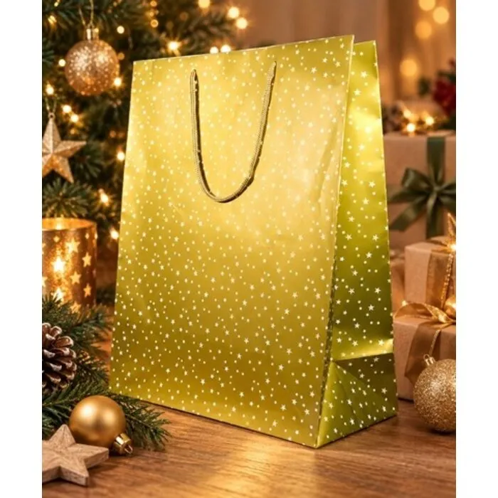 Kerstdraagtas Sterren Goud - 18 + 10 x 23 cm.