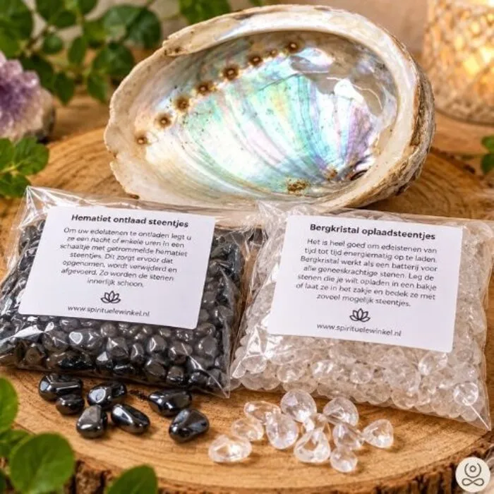 Oplaad- en Ontlaadset voor Edelstenen met Abalone Schelp – Hematiet & Bergkristal