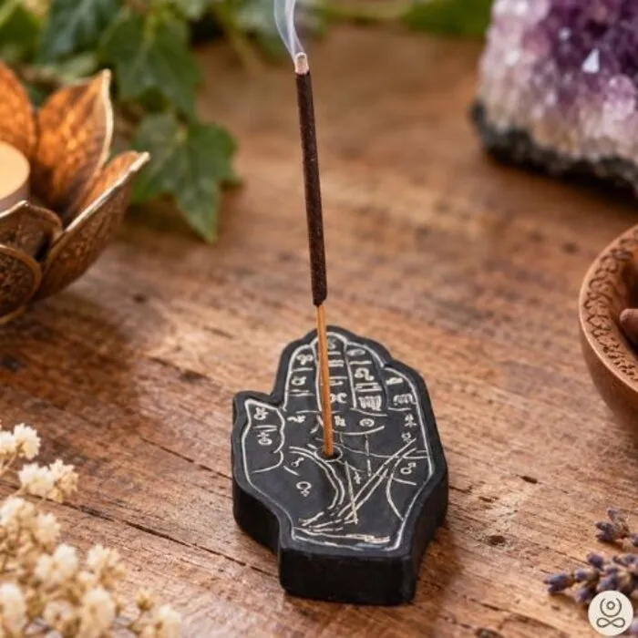 Wierookhouder Hand met Handleeskunde Symbolen – Zwart 8 cm