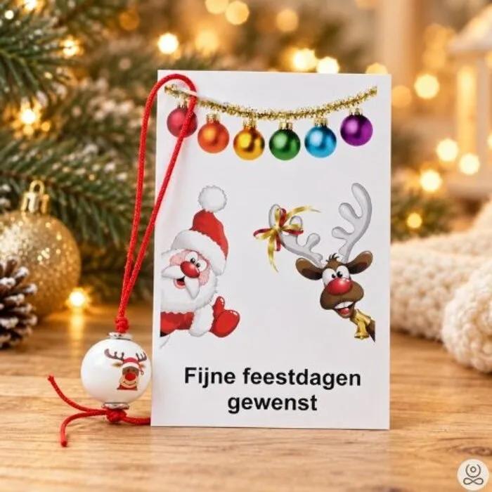 Kerstkaartje met kerstbalhangertje met rendier – klein kerstcadeautje om uit te delen