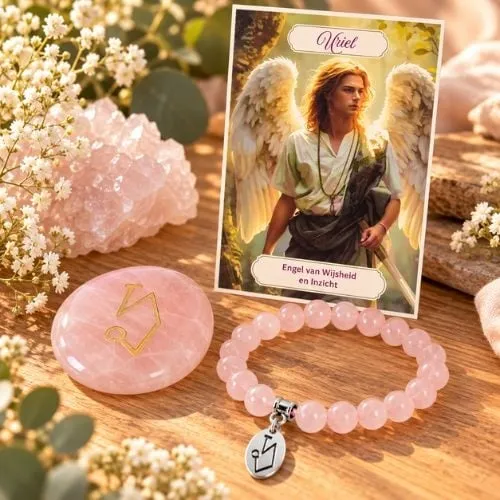 Cadeaupakket Aartsengel Uriël – Rozenkwarts armband, edelsteen & kaart