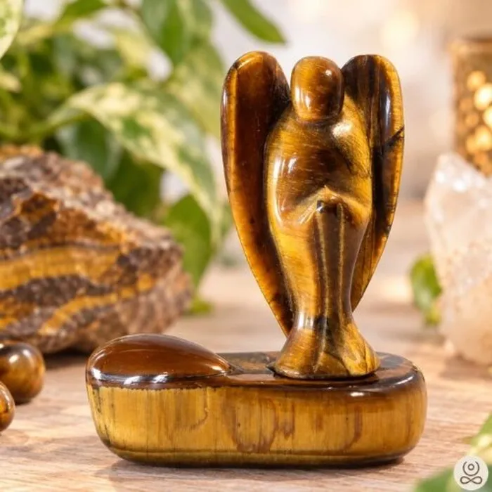 Tijgeroog Engel op Edelsteen ca. 5 cm met Betekeniskaartje