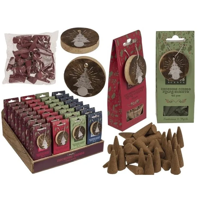 Kerst Wierookkegels met Houten Houder – 4 Geuren Assorti.