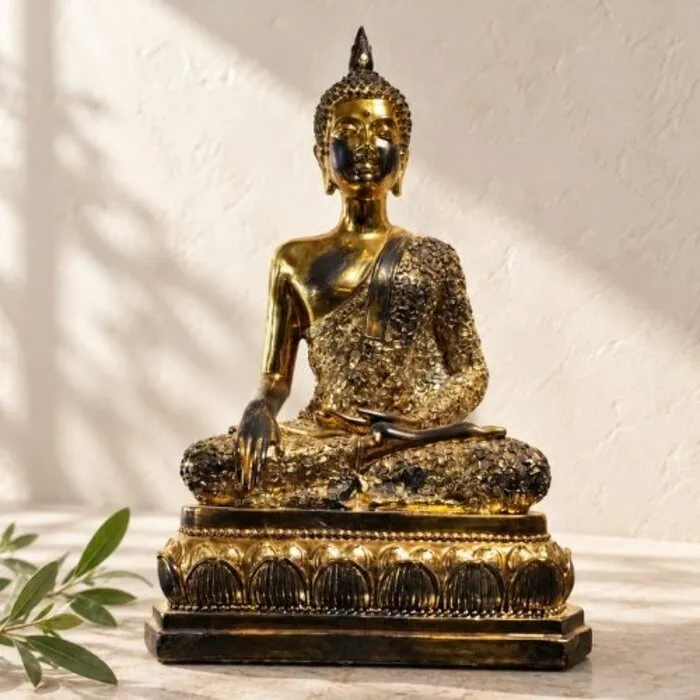 Zittend Boeddhabeeld goud-zwart van kunststof – 25 cm