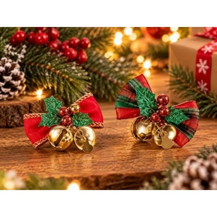 2 Kerststrikje met Belletjes en Hulst – 5 cm