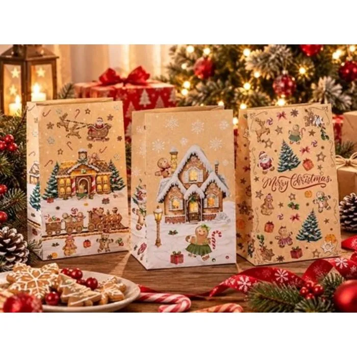 Kerst Cadeauzakje Peperkoek – Kraftpapier 28 cm Assorti.