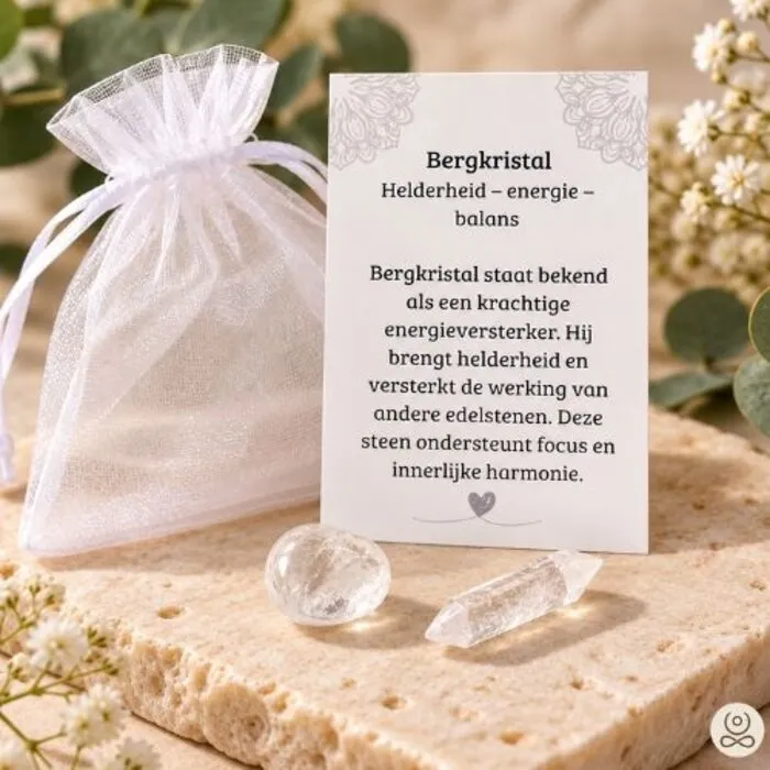 Bergkristal Cadeauset Helderheid & Balans – Trommelsteen, Dubbele Punt & Betekeniskaartje