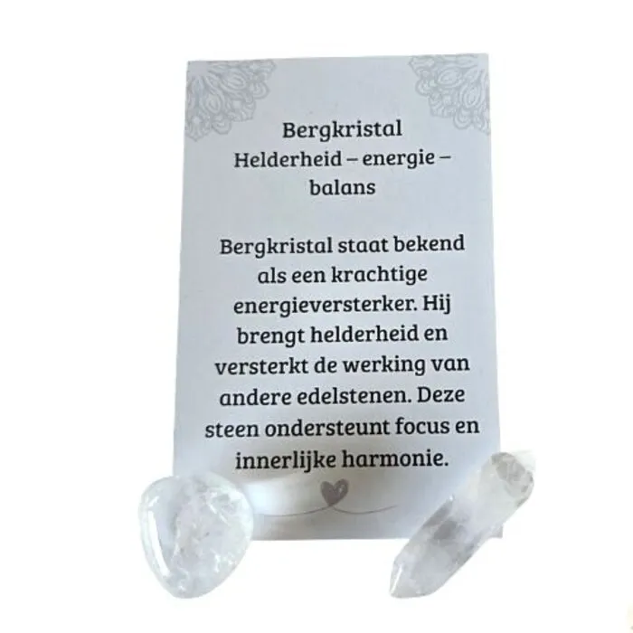 Bergkristal Cadeauset Helderheid & Balans – Trommelsteen, Dubbele Punt & Betekeniskaartje