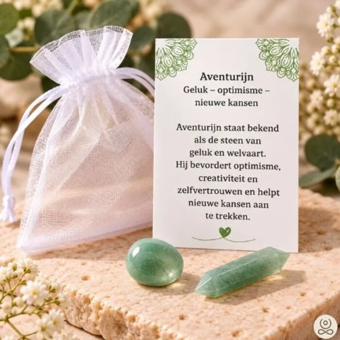 Aventurijn Cadeauset Geluk & Nieuwe Kansen – Trommelsteen, Dubbele Punt & Betekeniskaartje