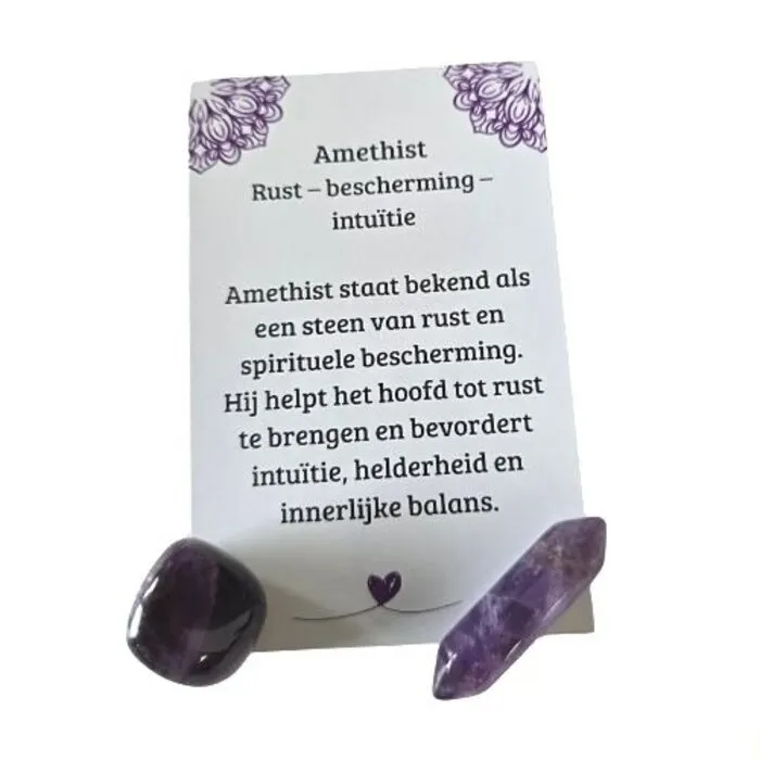 Amethist Cadeauset Rust & Bescherming – Trommelsteen, Dubbele Punt & Betekeniskaartje