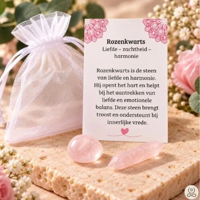 Rozenkwarts Cadeauset Liefde & Zachtheid – Trommelsteen, Dubbele Punt & Betekeniskaartje