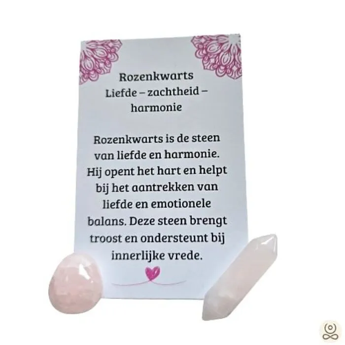 Rozenkwarts Cadeauset Liefde & Zachtheid – Trommelsteen, Dubbele Punt & Betekeniskaartje