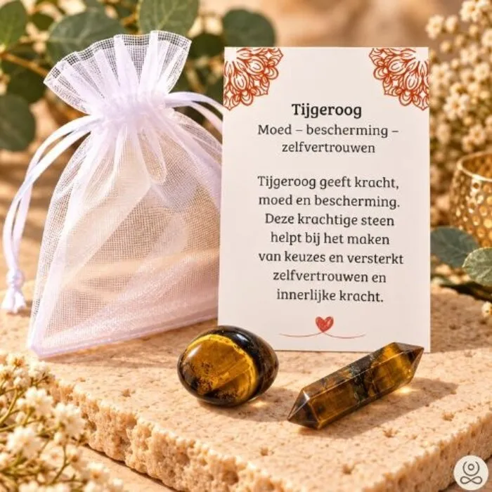 Tijgeroog Cadeauset Moed & Zelfvertrouwen – Trommelsteen, Dubbele Punt & Betekeniskaartje