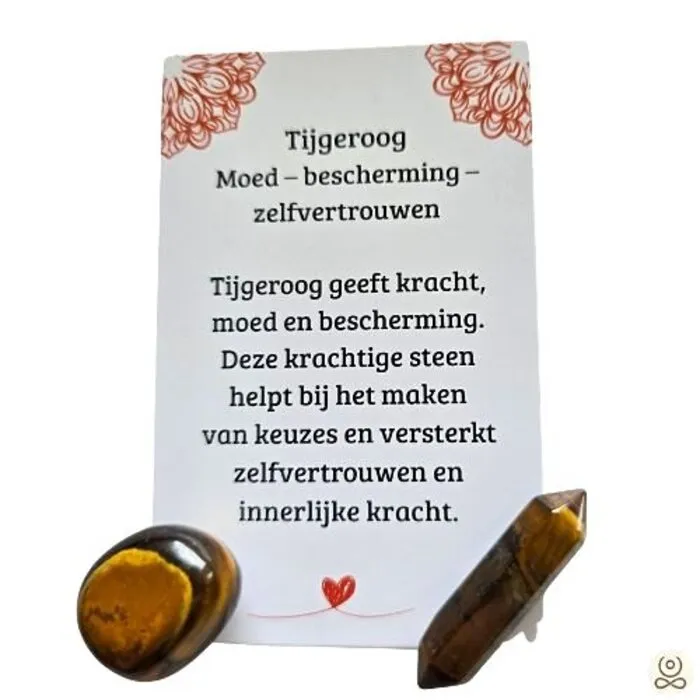 Tijgeroog Cadeauset Moed & Zelfvertrouwen – Trommelsteen, Dubbele Punt & Betekeniskaartje