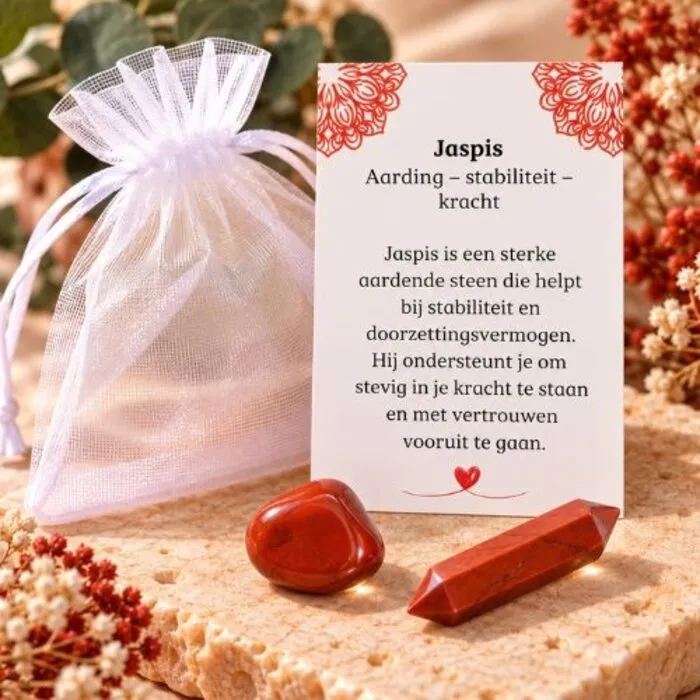 Rode Jaspis Cadeauset Aarding & Stabiliteit – Trommelsteen, Dubbele Punt & Betekeniskaartje