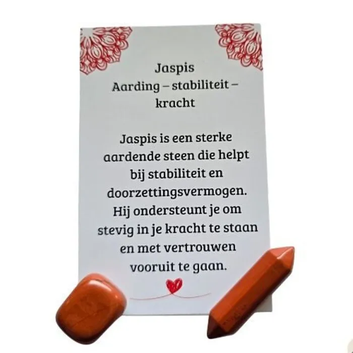Rode Jaspis Cadeauset Aarding & Stabiliteit – Trommelsteen, Dubbele Punt & Betekeniskaartje