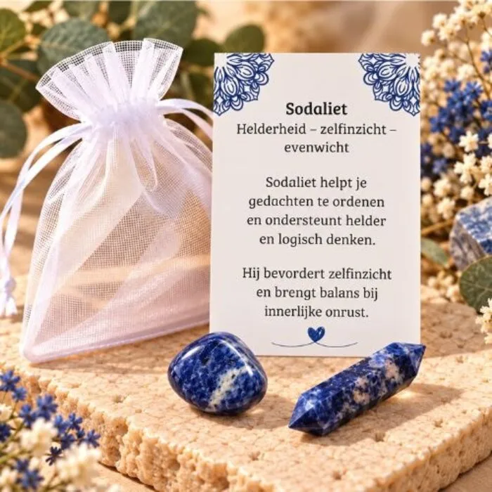 Sodaliet Cadeauset Helderheid & Zelfinzicht – Trommelsteen, Dubbele Punt & Betekeniskaartje