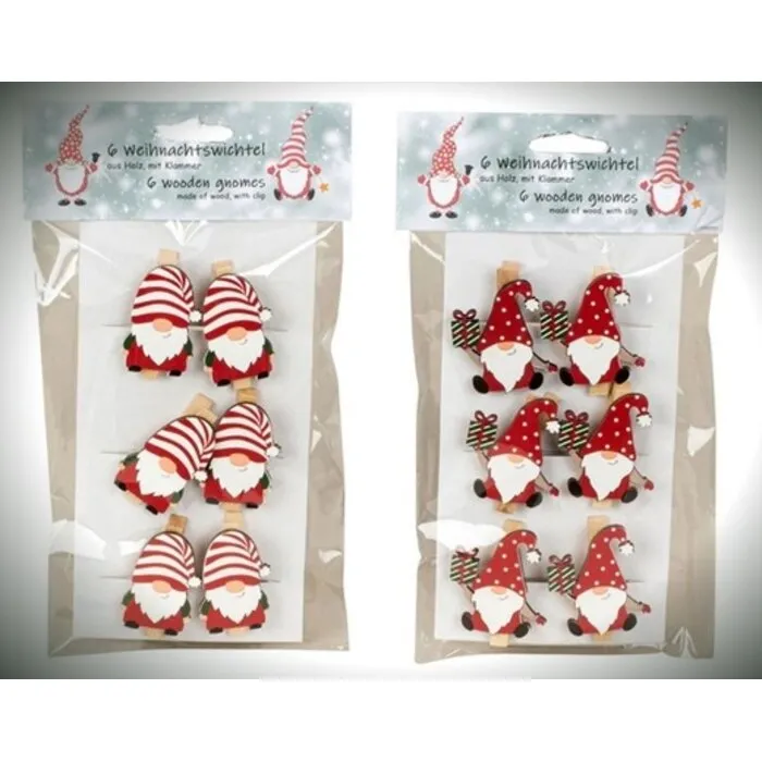 Houten Kerstkabouters met Wasknijper – Set van 6 Stuks