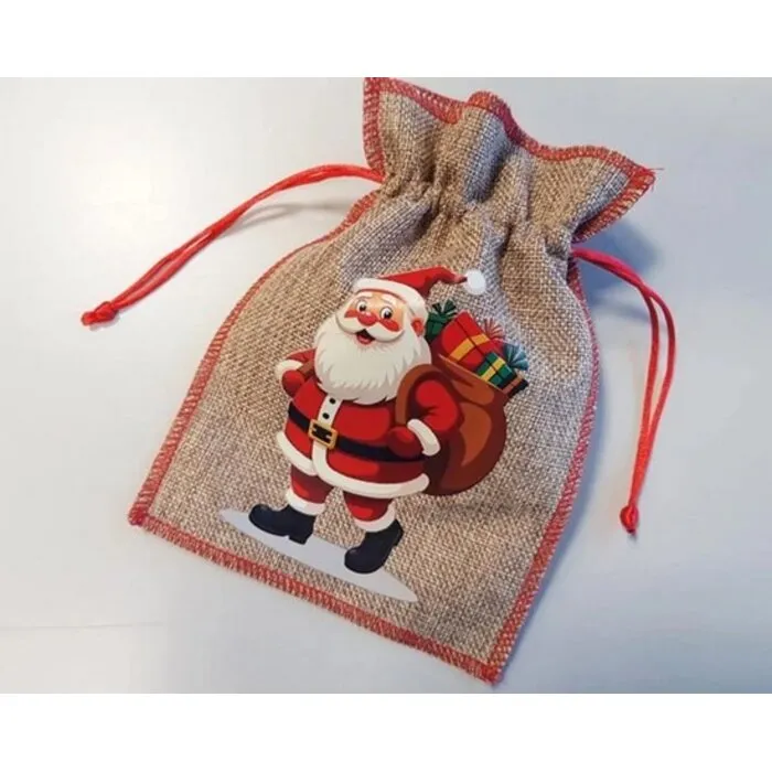 Kerst Cadeauzakje met Kerstman – Jute-Look 21 x 15 cm