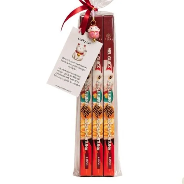 Lucky Cat wierook cadeaupakket met 24 wierookstokjes, gelukskatje en kaartje