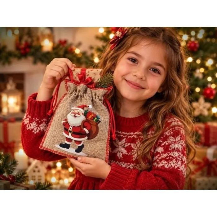 Kerst Cadeauzakje met Kerstman – Jute-Look 21 x 15 cm