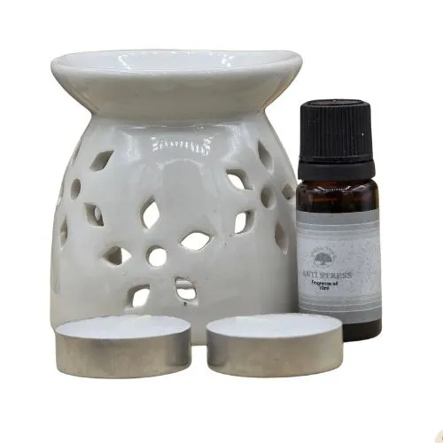 Anti Stress oliebrander set met geurolie en waxinelichtjes
