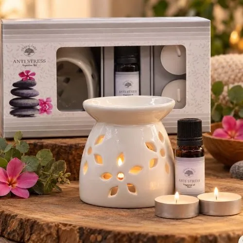 Anti Stress oliebrander set met geurolie en waxinelichtjes