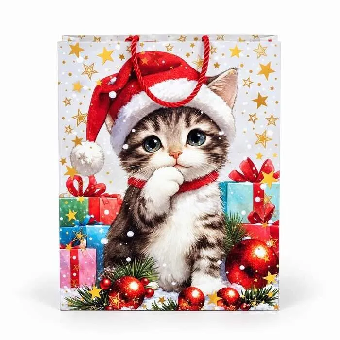 Kerst Cadeautas met Kat en Kerstmuts – 23 x 18 x 10 cm.