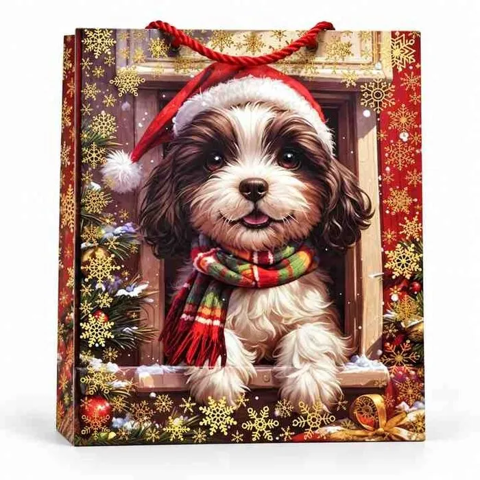 Kerst Cadeautas met Hond en Kerstmuts – 23 x 18 x 10 cm.