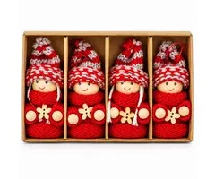 Houten Kerstpoppetjes Rood met Gebreide Muts – Set van 4