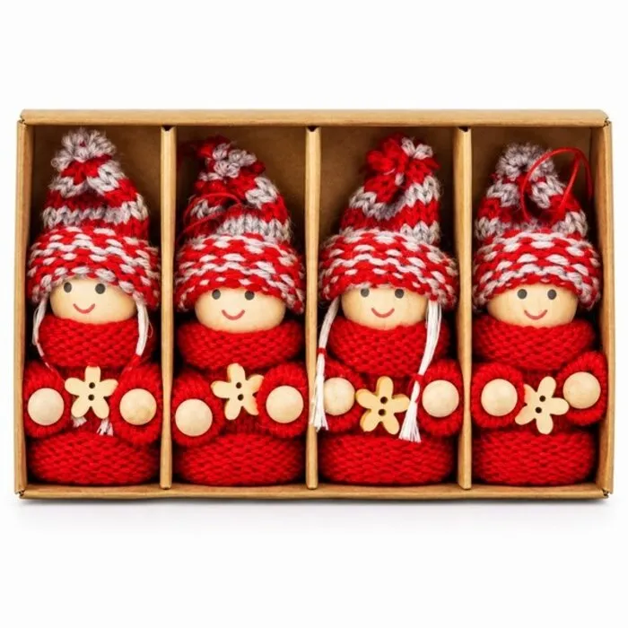 Houten Kerstpoppetjes Rood met Gebreide Muts – Set van 4