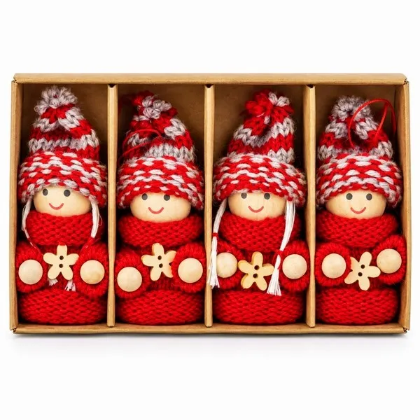 Houten Kerstpoppetjes Rood met Gebreide Muts – Set van 4