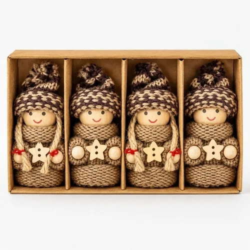 Houten Kerstpoppetjes Beige met Gebreide Muts – Set van 4
