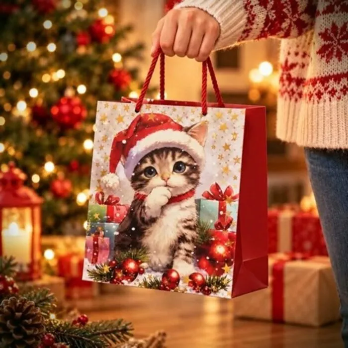 Kerst Cadeautas met Kat en Kerstmuts – 23 x 18 x 10 cm.