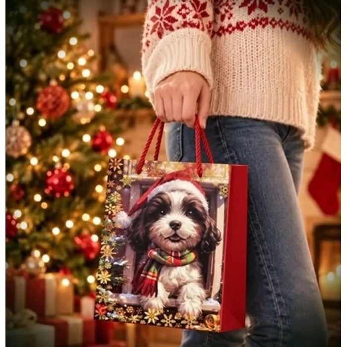 Kerst Cadeautas met Hond en Kerstmuts – 23 x 18 x 10 cm.